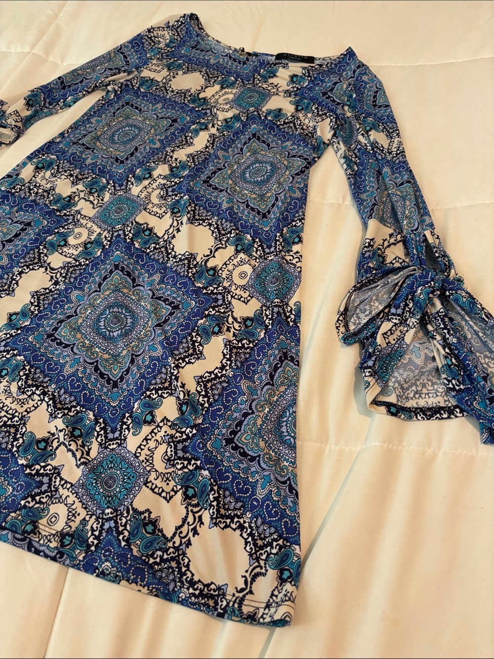 Ariella Blue and White Paisley Bell-Sleeve Dress
